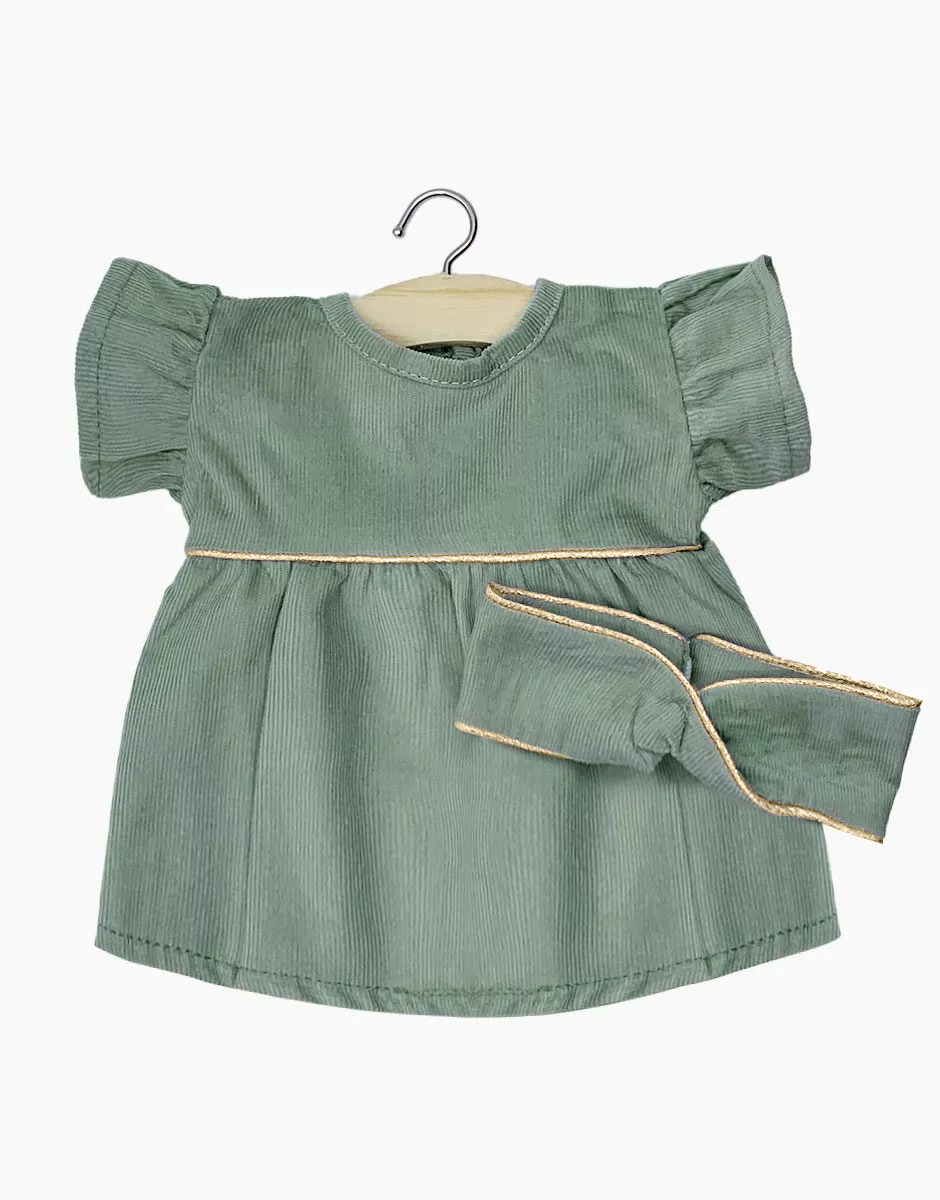 Robe Daisy et son headband croisé en milleraie vert sauge avec passepoil lurex