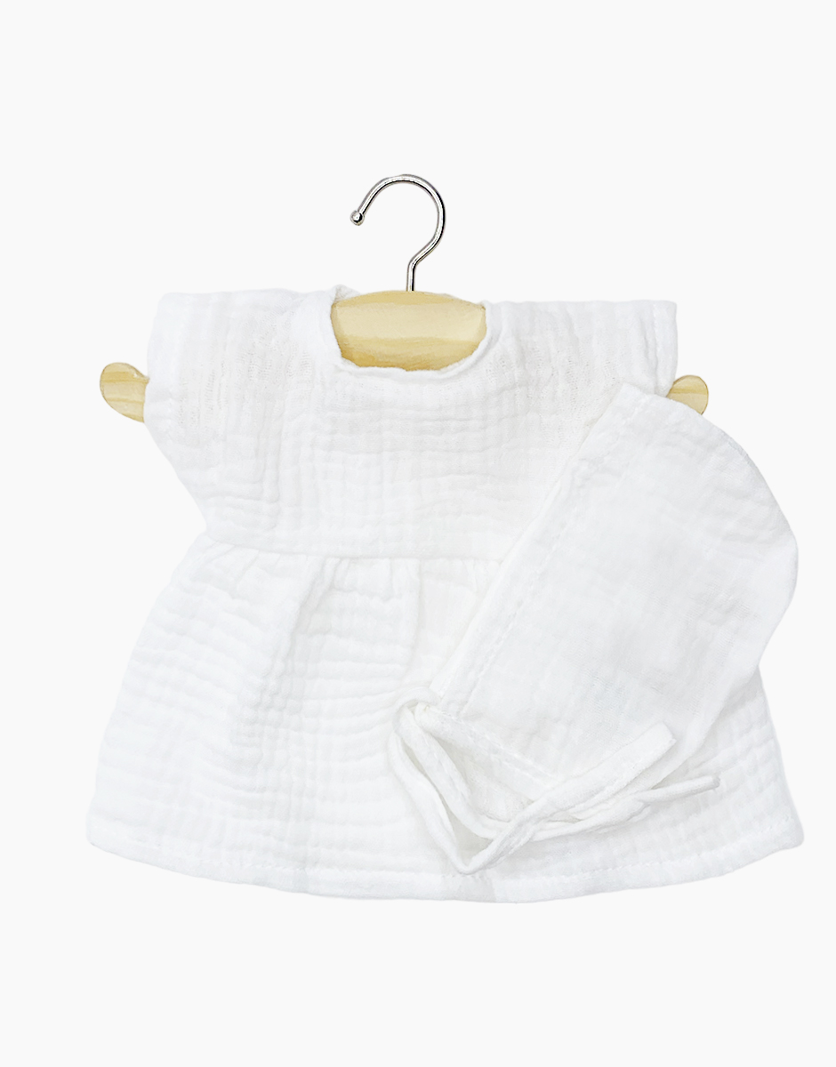 Babies – Robe Faustine et béguin rond en gaze de coton crème avec pochon