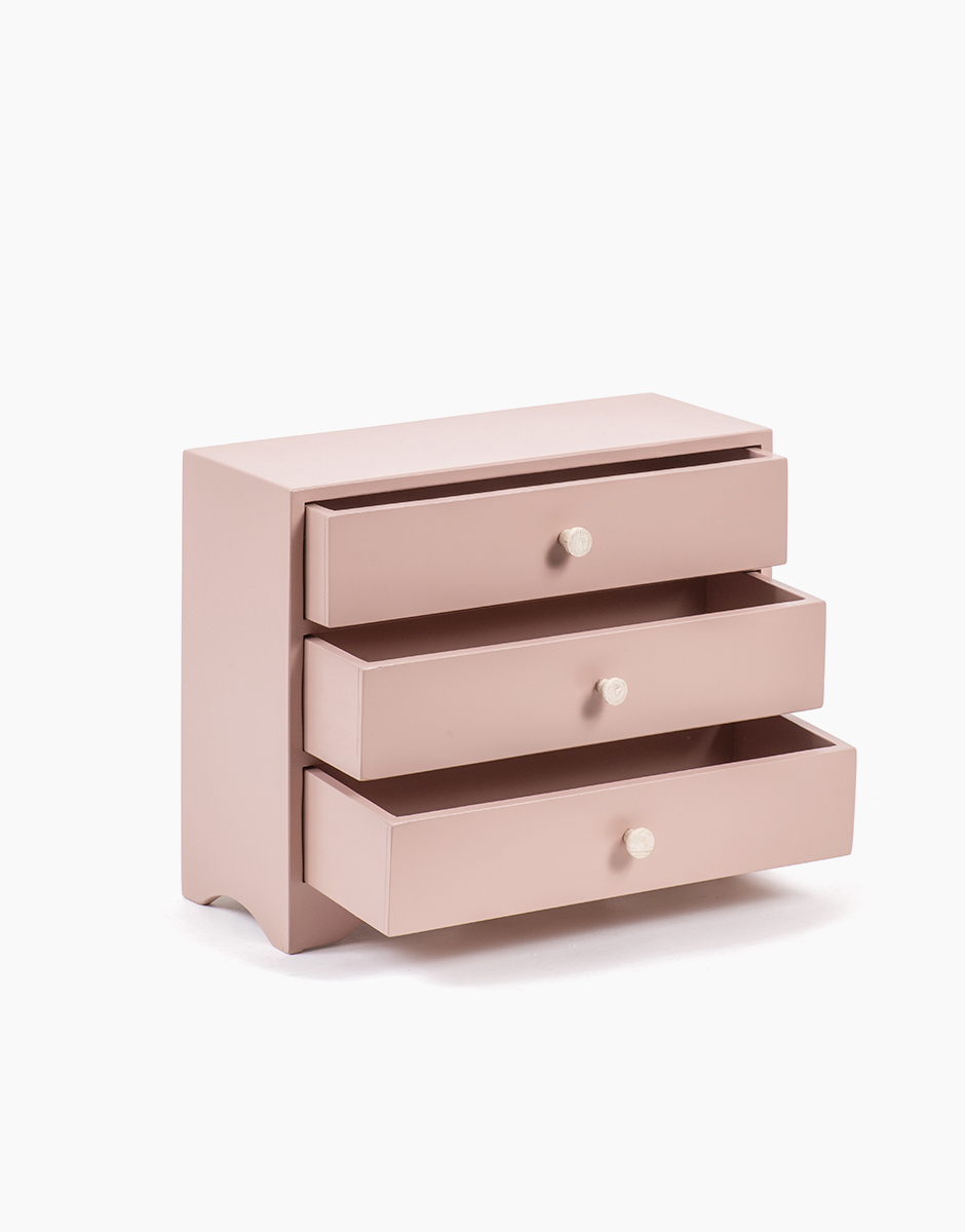 Commode 3 tiroirs pour poupée Minikane en bois rose poudré