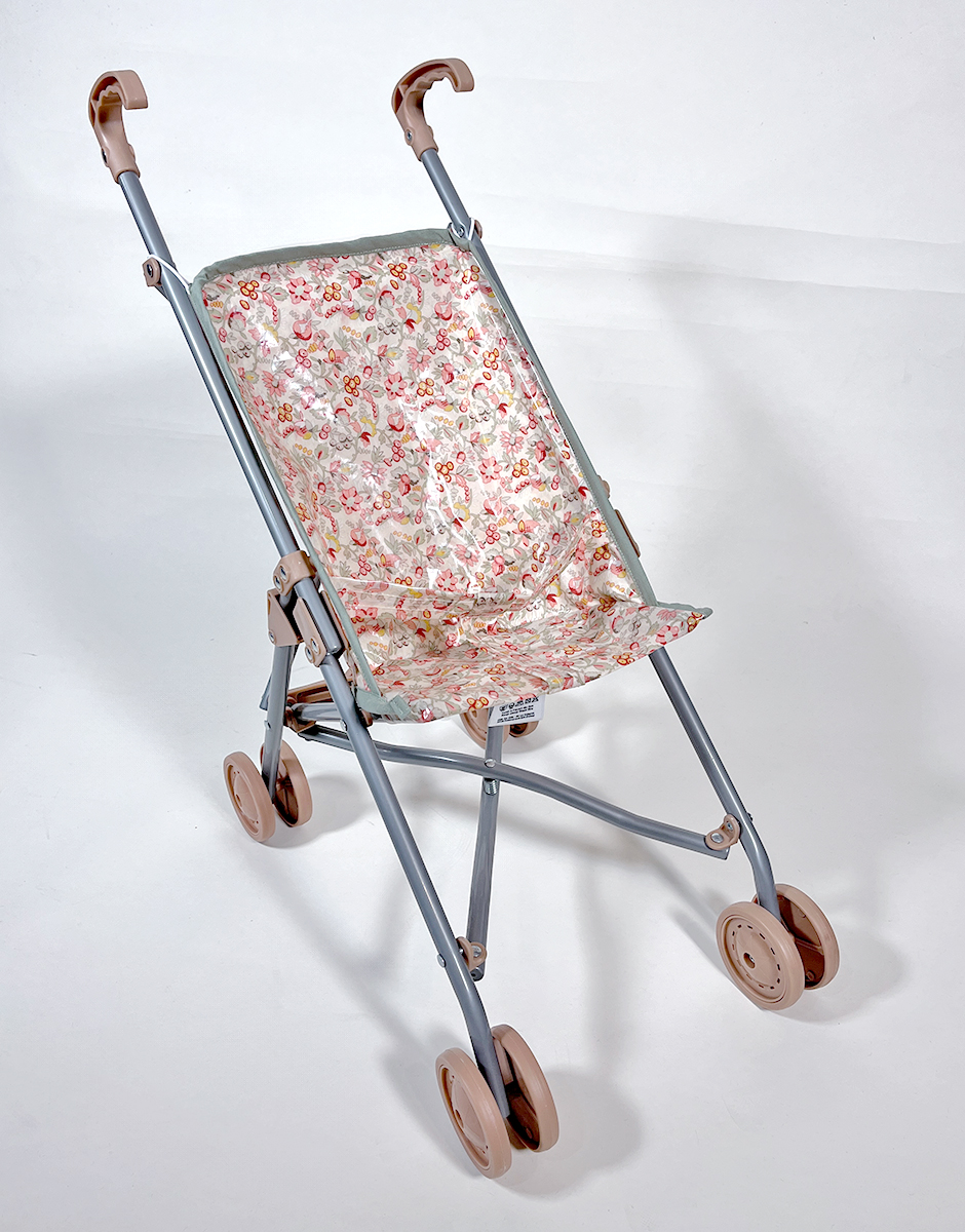 *Poussette poupée avec assise en coton enduit Fleurs et fruits sur châssis blush classique