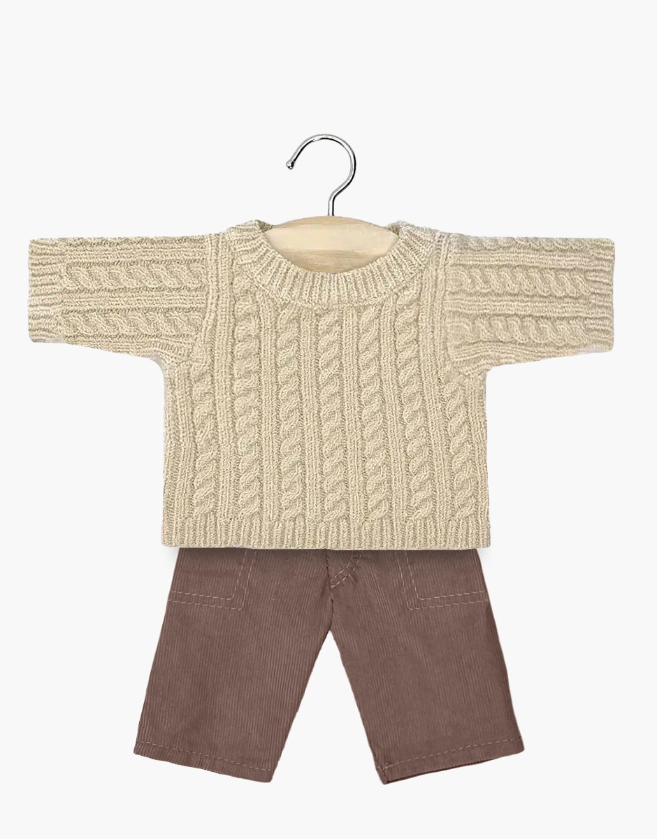 Ensemble Julian pull en maille torsadé beige et son pantalon Samy en milleraies châtaigne