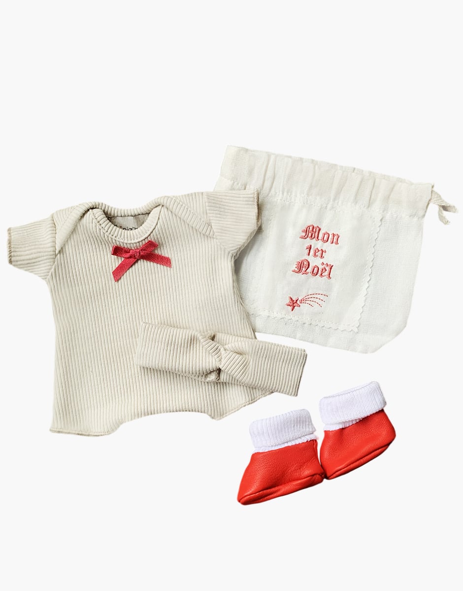 Babies – Ensemble “Mon Premier Noël” avec body shorty / headband en bord côte lin et chaussons rouges