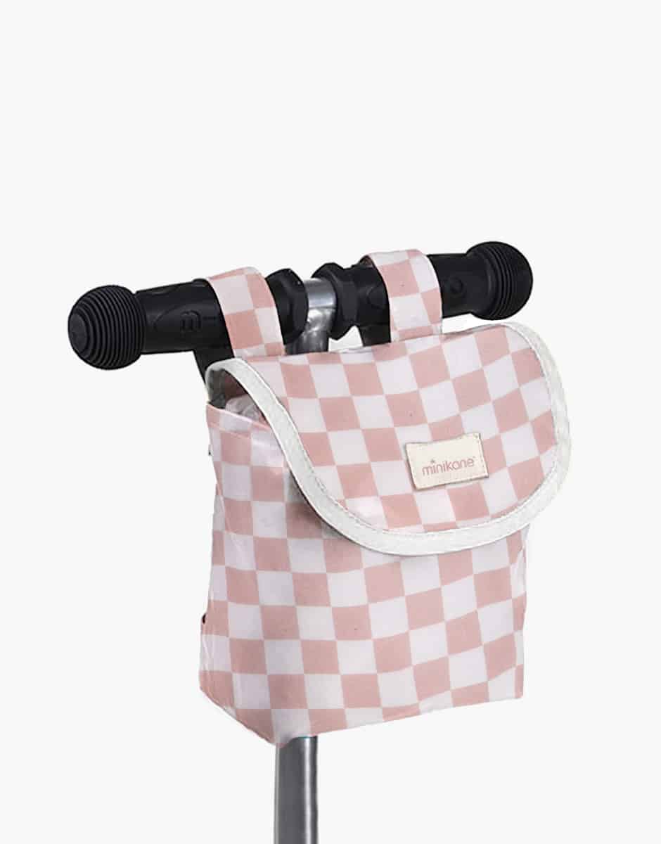 Sac de guidon en coton enduit damier rose et blanc