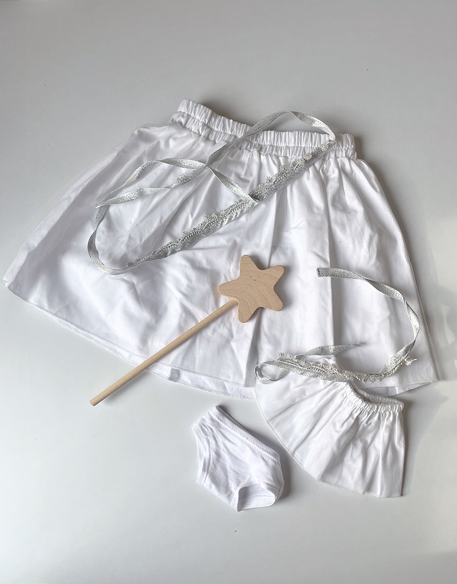 *Duo de jupes enfant/poupée “Petite fée” Deva avec tutus blanc, couronnes diadèmes et baguette magique