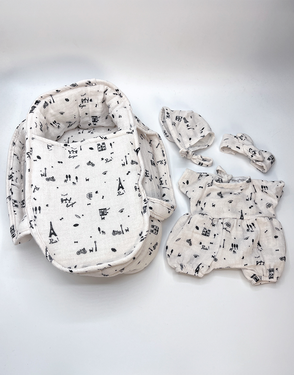 *Lot Barboteuse Noa avec accessoires de tête et couffin pour BABIES en gaze de coton Paris