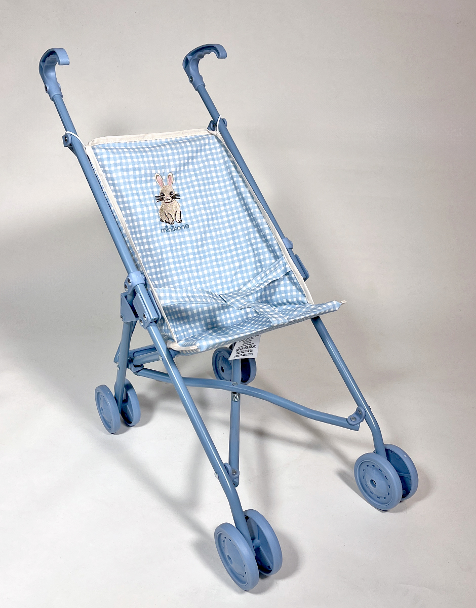 *Poussette poupée avec assise Vichy bleu et broderie lapin